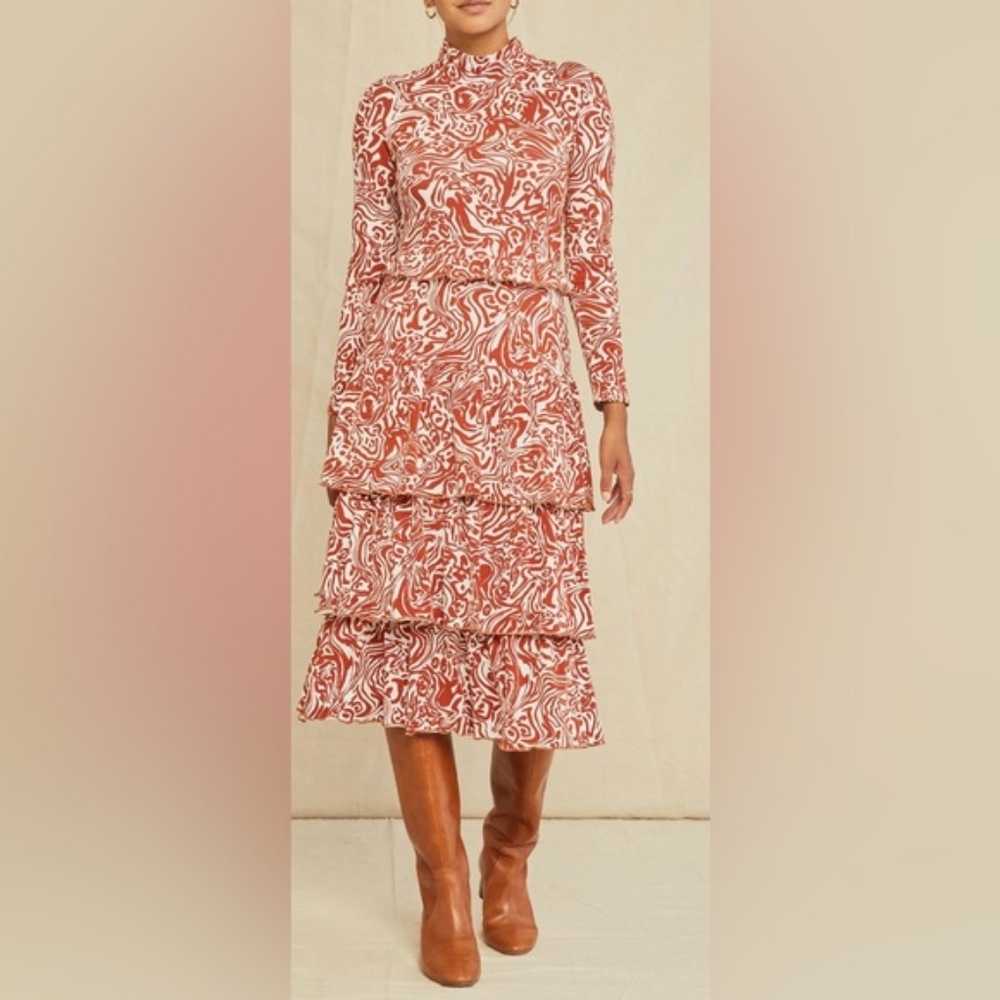 NWT Amour Vert Sicily Reverie Rust Red and White Gatsby Dress‎ Size XS